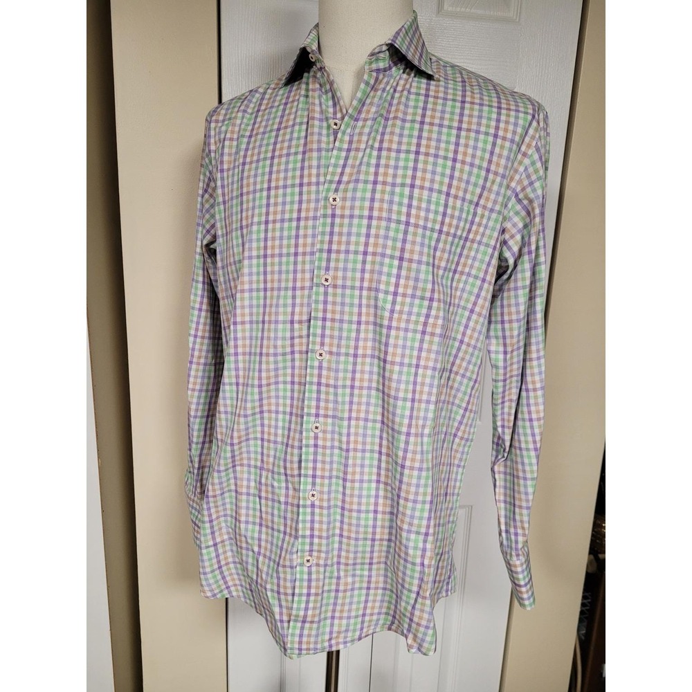 Peter Millar Mens Button Down Shirt Preppy Purple Green PlaidCheck Cotton Size M